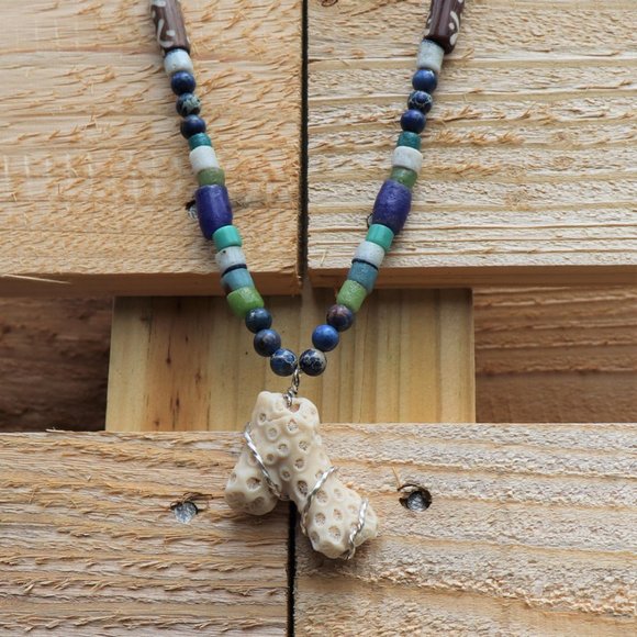 Unique Handmade Wire Wrapped Coral Beach Glass Long Beaded Necklace OOAK - Picture 2 of 6